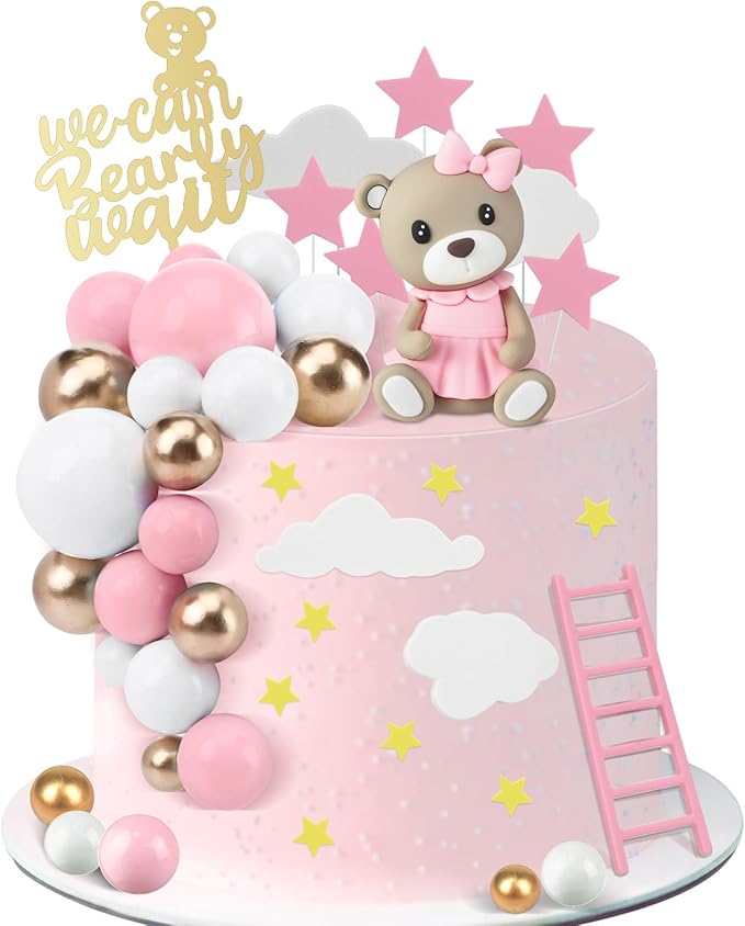 Yinder 37 Pcs Bear Cake Decoration Toppers for Baby Shower Decorations with Balls We Can Bearly Wait Happy Birthday Mini Bear Figurine Cake Party Birthday Supplies (Novel)