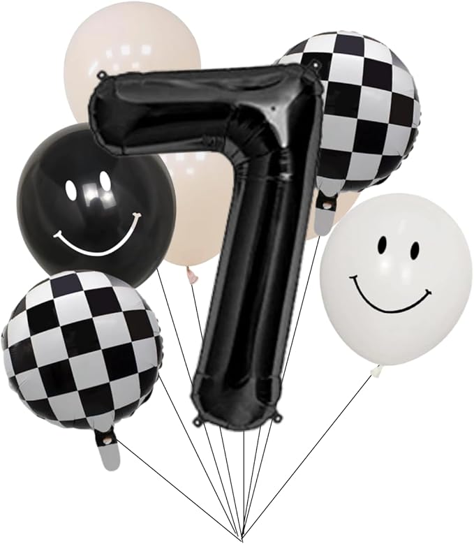 Birthday Balloon Set, Black and White Checkered Foil Balloons, Smiley Face Design, Number 7 Birthday Decorations with Latex Balloons, Ribbon and Straw