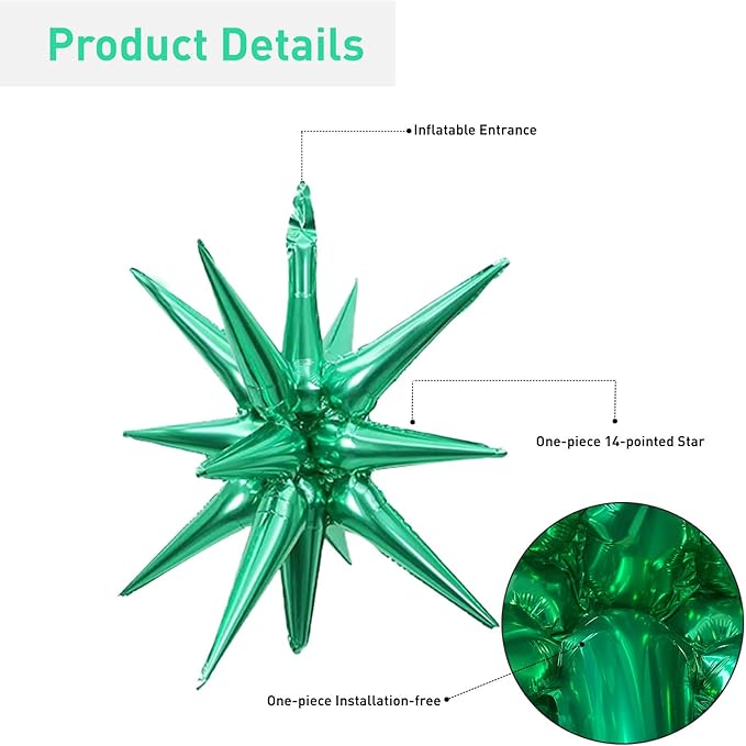 6 Pcs Green Star Foil Balloons One-Piece 14-Pointed Star Balloon 4D Starburst Cone Mylar Balloon 22inch Christmas Birthday Wedding Wedding Anniversary Party Supplies(Green)