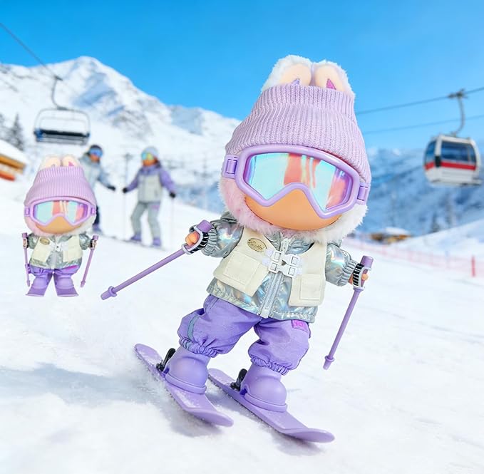 17cm Doll Clothes and Accessories Set for Lububu- Winter Snow Themed Ski Outfits with Hat, Jacket, Pants, Mini Poles, Goggles & Skis, Designer Clothing for Doll Dress-Up and Display(Purple)