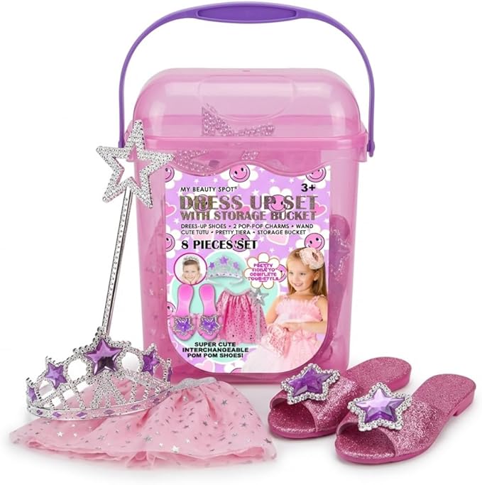 My Beauty Spot Princess Dress Up Set for Girls 4–6 with Storage Bucket — Dress Up Clothes with Tiara, Wand, Skirt & Shoes, Pretend Play Costume Toy