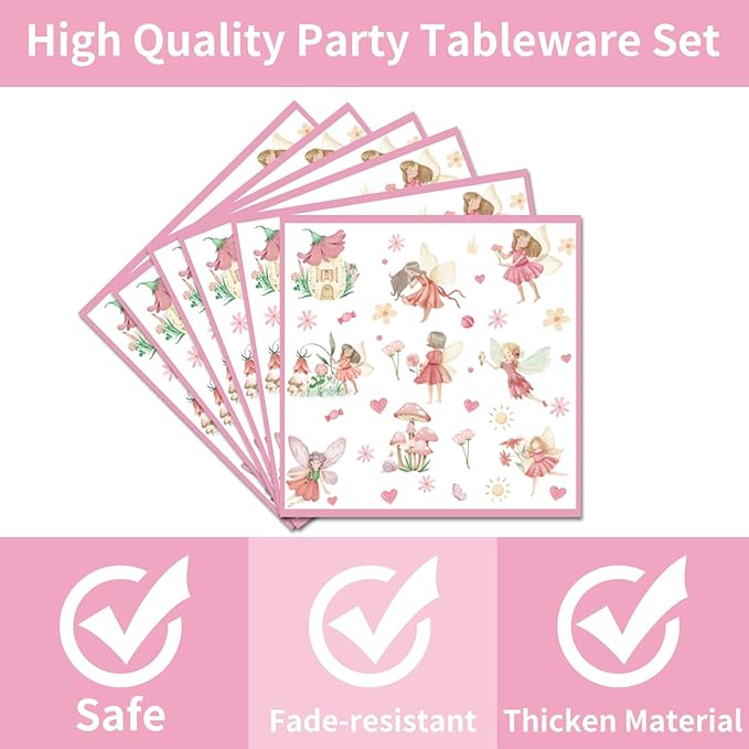 Fairy Birthday Party Supplies Tableware - 96PCS Butterfly Flower Fairies Plates and Napkins Birthday Decorations, Enchanted Forest Garden Party Tableware Set, Fairy Party Supplies Serve 24 Guests