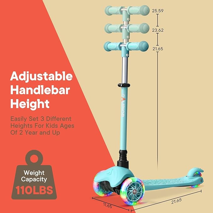 Teal Mini 3 Wheel Scooter for Kids – Lean-to-Steer Kick with LED Light-Up Wheels, Adjustable Handlebar, Wide Anti-Slip Deck, Smooth PU Wheels, Rear Foot Brake – Suitable for Ages 2+