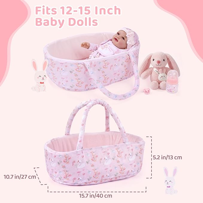 BABESIDE 8 Pcs Baby Doll Clothes Set with Bassinet for 12-15 Inch Dolls, Cute Bunny Baby Doll Clothes and Accessories with Bunny Toy, Feeding Bottle – Babydoll Accessories for Gilrs