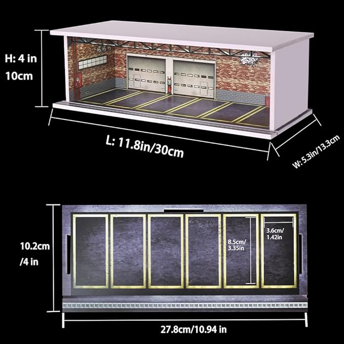1/64 Hot diecast Wheels Cars Display case - 1/64 Scale Model Cars scenarios Display Box with LED Light and Acrylic Cover, Scenes Parking lot Diorama Storage Garage 6 Parking Spaces (Red Brick)