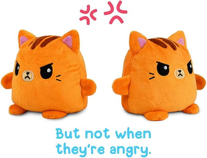TeeTurtle | Plushmates | Cat | Orange Tabby | Happy + Angry | The Reversible Plush That Hold Hands! 4.5 inch
