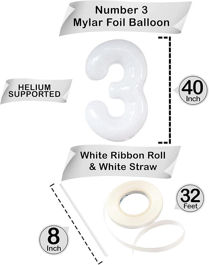 Large, Number 3 Balloon White - 40 Inch | Foil 3 Balloon Number for Black and White Happy Birthday Decorations | 3 Year Old Balloon for Party | Mylar 3 Balloon for 3rd Birthday Decorations for Girls