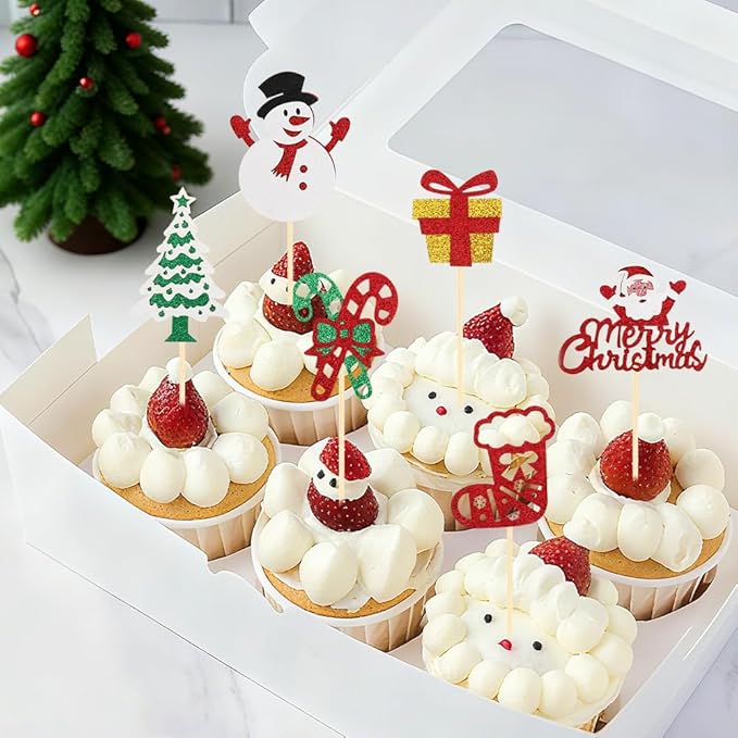 Christmas Cupcake Toppers Cake Decorations, 24 PCS Merry Christmas Cake Topper, Glitter Santa Clus Snowman Xmas Tree Decorative Cupcakes Ficks Food Picks for Xmas Holiday Party Decoration Supplies