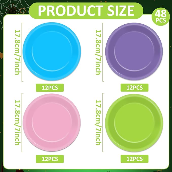 48PCS Monster Birthday Party Paper Plates for Monster Themed Party Supplies 7”Pink Purple Blue Green Cartoon Disposable Dessert Cake Plates for Kids Boys Girls Birthday Decorations