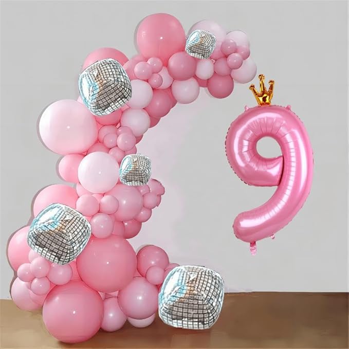 40 Inch Crown Pink Number 9 Balloon, Big Conjoined Baby Pink Foil Mylar Helium 9 Balloon for Girls 9th Birthday Party Decorations Pink Princess Theme Party Decorations Supplies Anniversary Decor