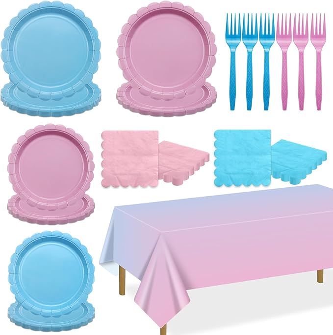 Gender Reveal Party Supplies Set for 20 Guests, Including Pink Blue Tablecloth, Forks, Napkins and Plates for Gender Reveal Decorations Baby Shower Boy or Girl Party