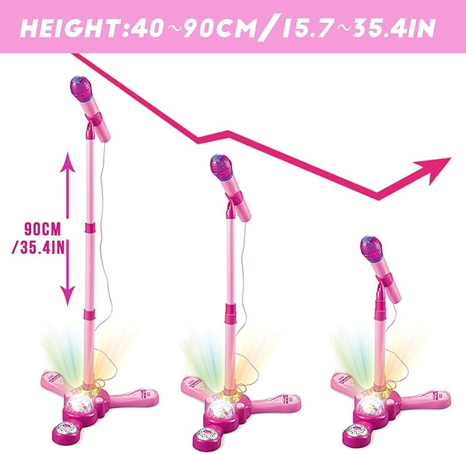 Kids Karaoke Machine with Adjustable Stand,Kids Microphone Music Sing Along with Flashing Stage Light and Pedals Gift for Kids (Pink)
