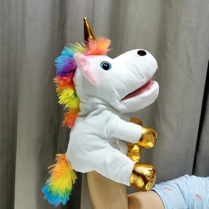 Hopearl Plush Unicorn Hand Puppet with Open Movable Mouth for Imaginative Play, Role Play, Interactive Toy for Storytelling Teaching Puppet Theater, Birthday Gifts for Kids Girls, White, 12''