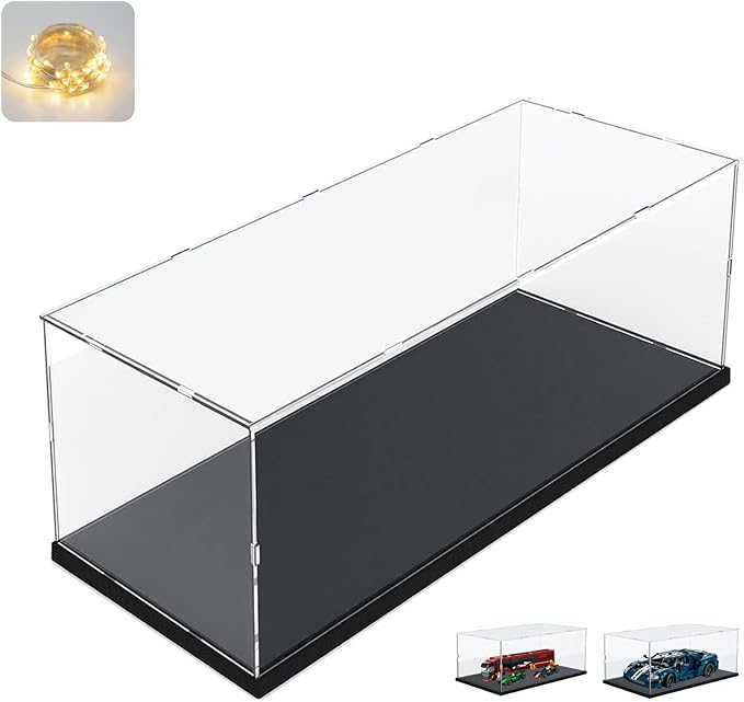 Thickened Clear Acrylic Display Case for Lego 60444 60445 42154 60408 21334 76966 Collectibles, Transparent Box Dustproof Protection with Wood-Plastic Base & Light, Black Inside 19.7x7.9x7.9 inch