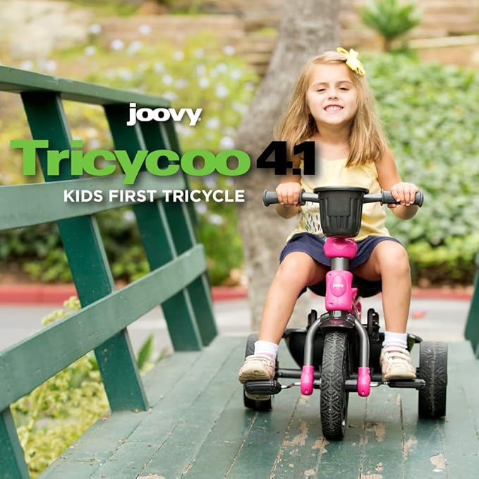 Joovy Tricycoo 4.1 Kids Tricycle with 4-Stages Featuring Extra-Wide Front Tire, Removable and Adjustable Parent Handle, Safety Harness, Machine-Washable Seat Pad, and Retractable Canopy (Pink)