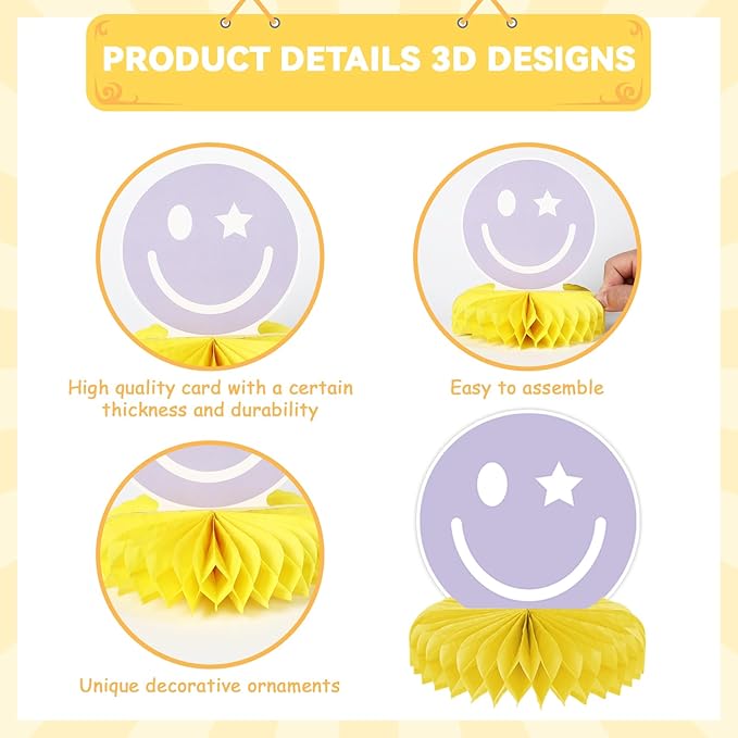 9PCS Smile Face Honeycomb Centerpieces Preppy Smile Face Table Decorations Happy Pastel Birthday Party Supplies for Colorful Rainbow Birthday Themed Bachelorette Decor Favor