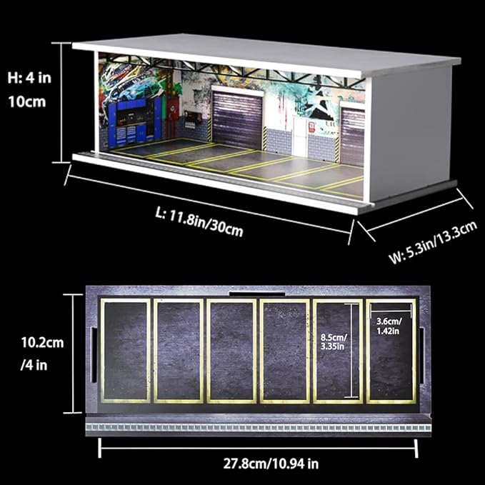 1/64 Scale Hot die-cast Wheels Model car scenarios Display case with LED Light and Acrylic Cover, Scenes Parking lot Diorama Storage Garage Box with 6 Parking Spaces (JDM)