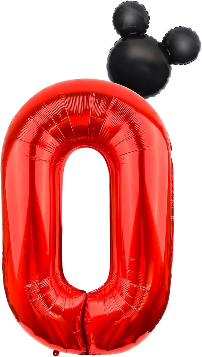 Mouse Number 0 Balloon 40 Inch Red Number 0 Balloon Mini Mouse Head Balloon Black Red Large Numeral Zero Balloon for Mouse Clubhouse Birthday Baby Shower