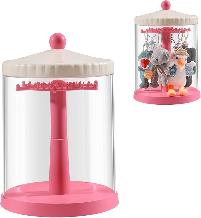 360° Rotating Clear Display Case for 5.9-6.7 Plush Dolls, Collectible Toy, Action Figures, Transparent Dust-Proof Protective Storage Box with Cover, Stackable, Pink