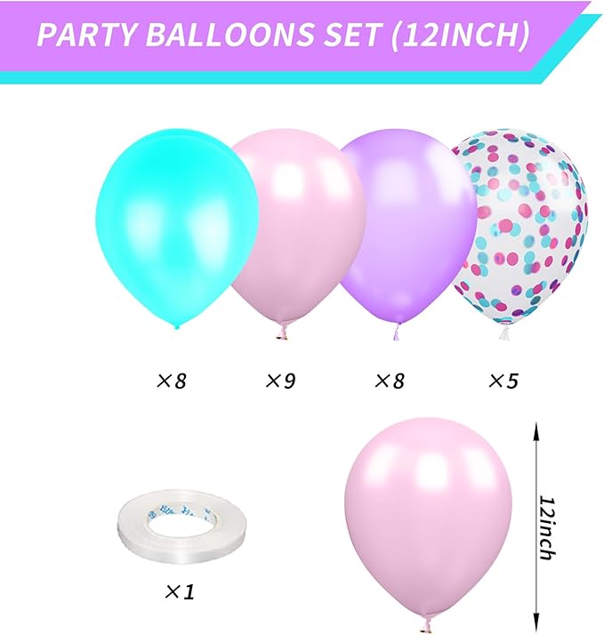 Pink Purple Blue Balloons, 12 Inch Color Pink Teal Purple Balloons Confetti Latex Balloons for Mermaid Themed Gaby Doll house Party Birthday Decorations