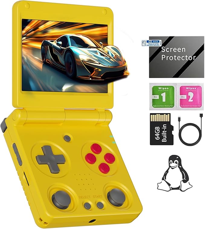 RG34XXSP Retro Handheld Game Console RG34XX SP Retro Gaming Console with 64G Preloaded 5000+ Games,3300 mAh Battey, Portable Pocket Arcade Support 30+ Simulators 5G WiFi Bluetooth HD Yellow