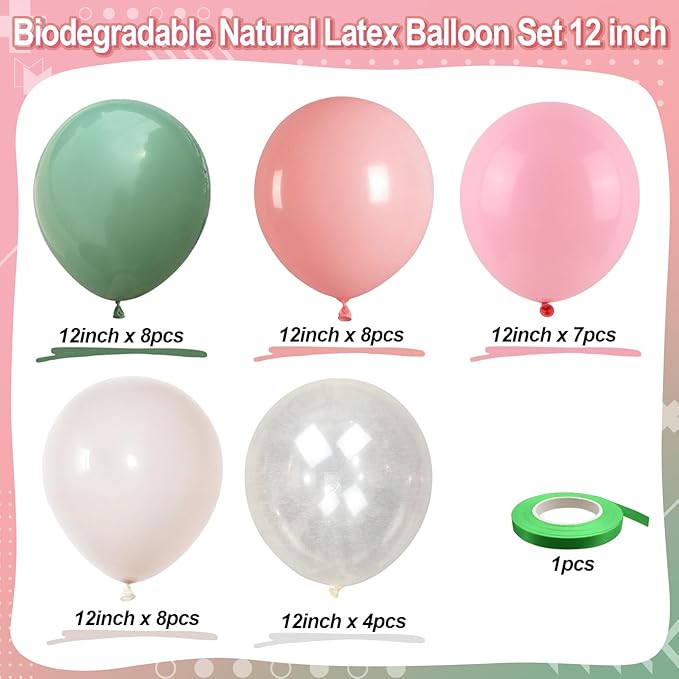 Retro Pink and Sage Green Balloons, Olive Green Pale Pastel Pink Cream White Clear Transparent Balloon for Fairy Tea Party, Floral Balloons as Baby Shower Wedding Nutcracker Birthday Party Decoration