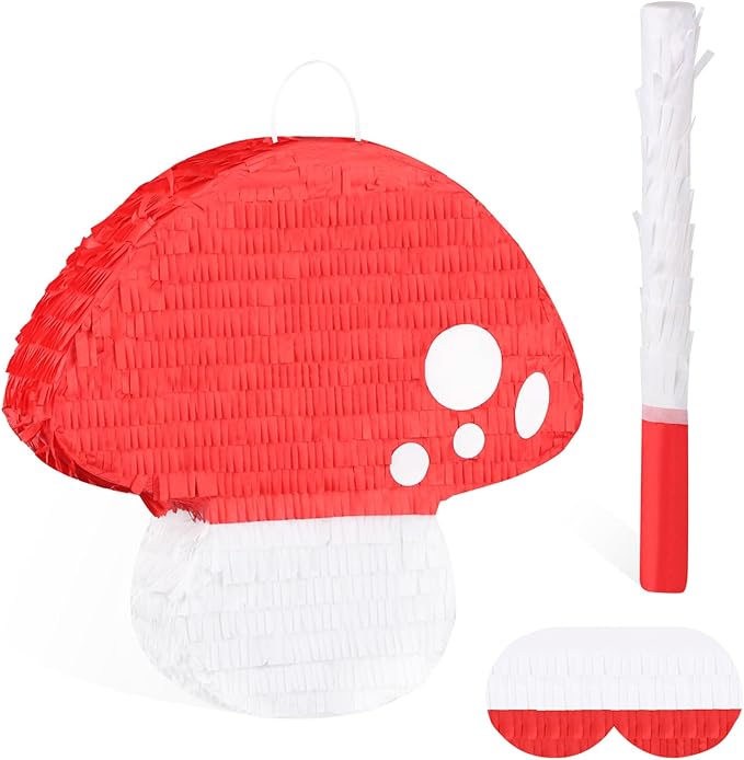 Mushroom Pinata with Stick and Blindfold Fairy Pinata for Kids 3D Mushroom Birthday Party Decorations Baby Shower Party Supplies