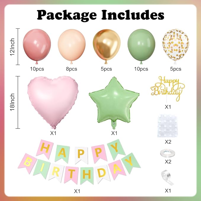 Pink and Green Birthday Decorations,Sage Green Retro Pink Balloons Decor Happy Birthday Banner Star Heart Foil Balloon Cake Topper Party Supplies for Women Girl Boys Baby Shower
