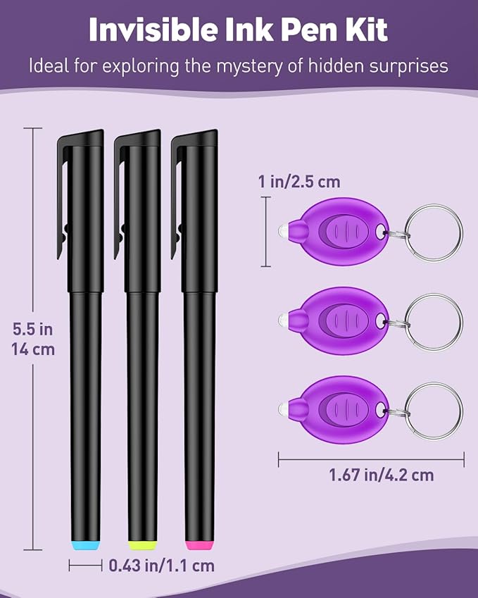 Uniclife 3 Pcs Invisible Ink Pen with 3 Pcs UV LED Keychain Flashlight, Spy Pen, Disappearing Ink Magic Pen for Secret Notes, Magic Spy Marker with Purple Light for Christmas Halloween Holiday Present