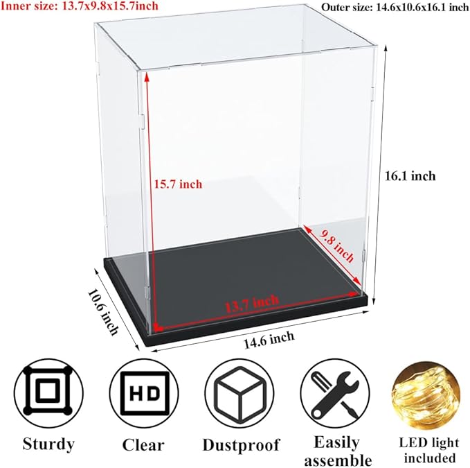 DuvinDD Assemble Acrylic Display Case for Collectibles Countertop Clear Lego Display Box Dustproof Protective Acrylic Boxes for Display Action Figure Toys Showcase with Thick Base (13.7x9.8x15.7inch)