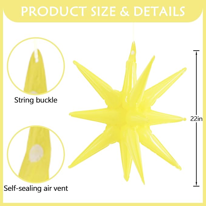 TONIFUL 4 Pcs 22inch 4D Light Yellow Explosion Star Mylar Balloons for Party Backdrop Christmas,New Year Birthday, Wedding Baby Shower Anniversary Photo Booth Supplies