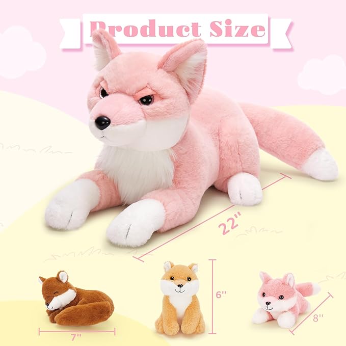 4Pcs Fox Stuffed Animal Set, Large Mommy Pink Fox Plush 22 Inch with 3 Baby Foxes in Her Zippered Tummy, Stuffed Fox Plushie Toy for Girls and Kids