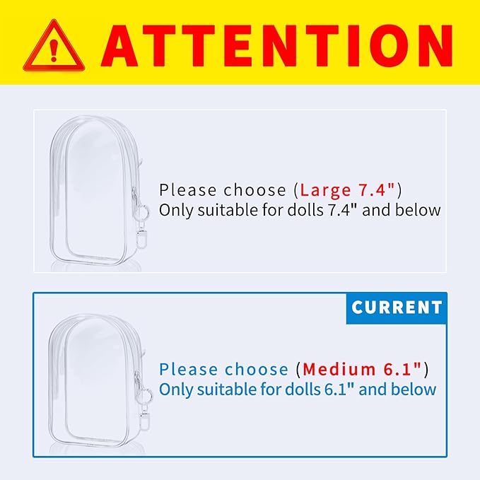 Protective Case for Labubu Plush Doll, Clear Hanging Display Bag with Keychain, Toy Storage Box carrier, PVC Transparent Figure Cover, Carrying Pouch Accessory(Doll Not Include) (Medium 6.1")