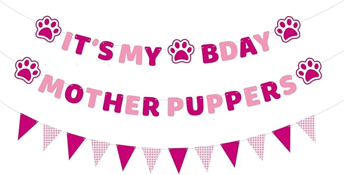 Vicycaty Puppy Dog Birthday Banner, Mother Puppers, It's My Bday, Pink Pennants, 98.43x16.69 inches Cardboard