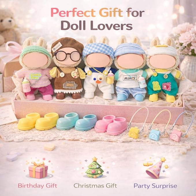 5-Pack Doll Clothes Set for 15–17cm Dolls, Includes 5 Cute Colorful Outfits with Hats and Doll Accessories, Perfect for Play and Display, Doll Accessories for Collectors (No Dolls)