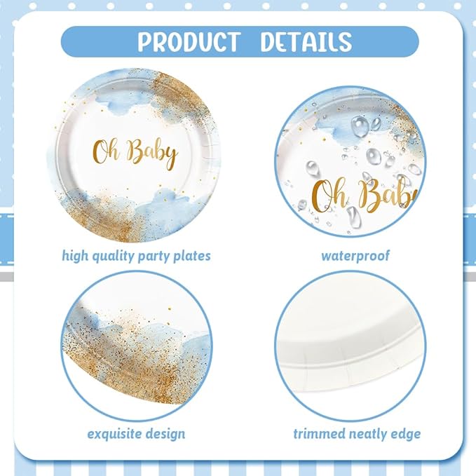 112 PCS Baby Shower Party Decorations Boy Watercolor Pastel Blue Boy Baby Shower Party Supplies Disposable Dinnerware Oh Baby Paper Plates Napkins Cups Serves Serves 16