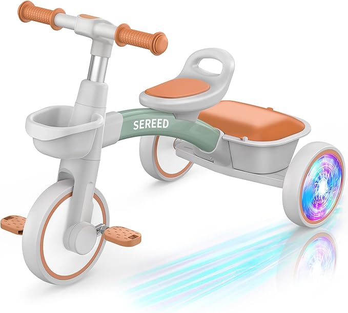 SEREED Colorful Lighting Toddler Tricycle for 2-5 Years Old Boys Girls, Adjustable Seat&Handlebar Trike, Removable Basket, Birthday Gift Idea for Kids Ages 2+ (Green)