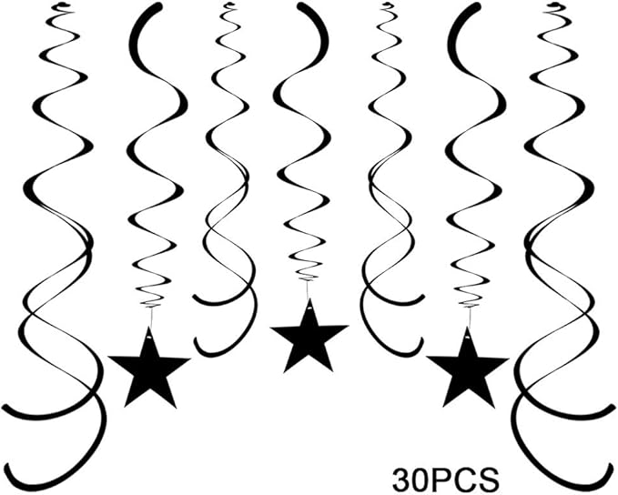Party Star Swirl Decorations, Black Foil Ceiling Hanging Swirl Decorations with Star, Whirls Decorations for Birthday | Wedding | Anniversary | Graduation Party Supplies, Pack of 30