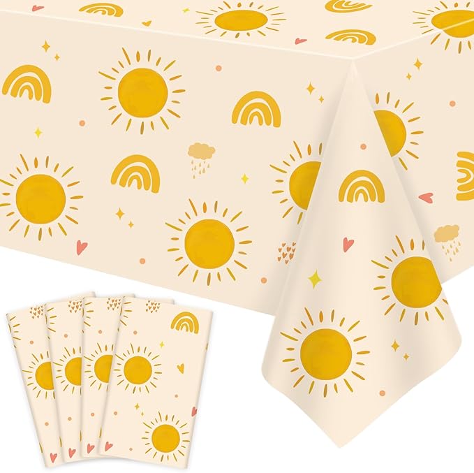 4 Pack Boho Sun Birthday Tablecloths - Boho Hippie Sunshine Table Covers Rainbow Groovy Tablecloths Retro Hippie Table Covers 60s 70s Boho Themed Groovy Party Decorations 51 X 86 IN