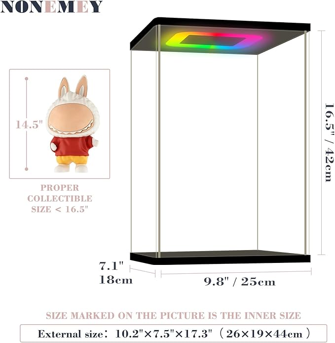 NONEMEY Clear Acrylic Display Case with RGB LED Light, Dustproof Model Showcase Organizer Box, Display Case for Collectibles (10.2x7.5x17.3 inch, 26x19x44cm)