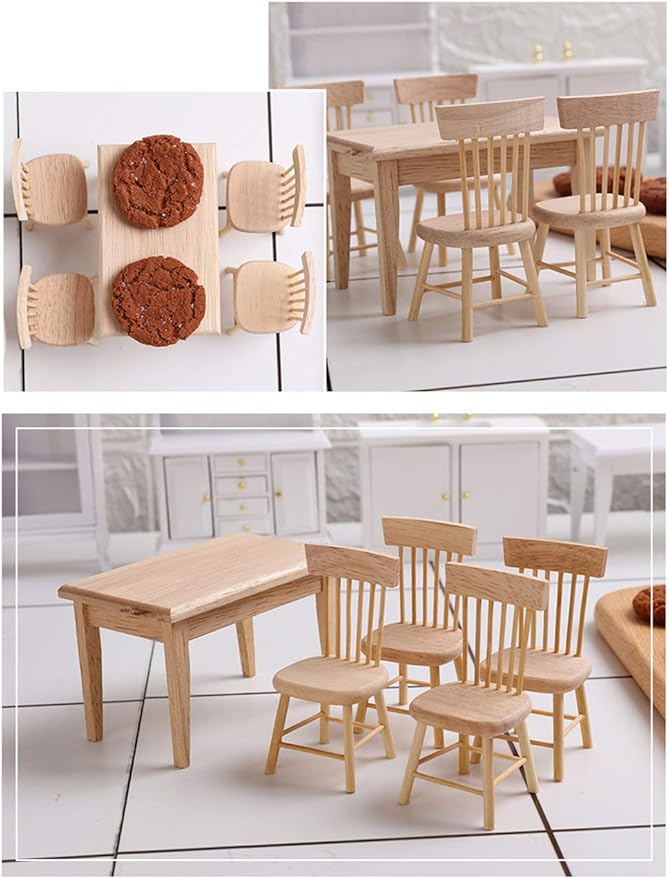 Z MAYABBO Wooden Dollhouse Furniture of Table & Chair, Miniature Dollhouse Accessories of Dining Room Accessory - 1/12 Scale