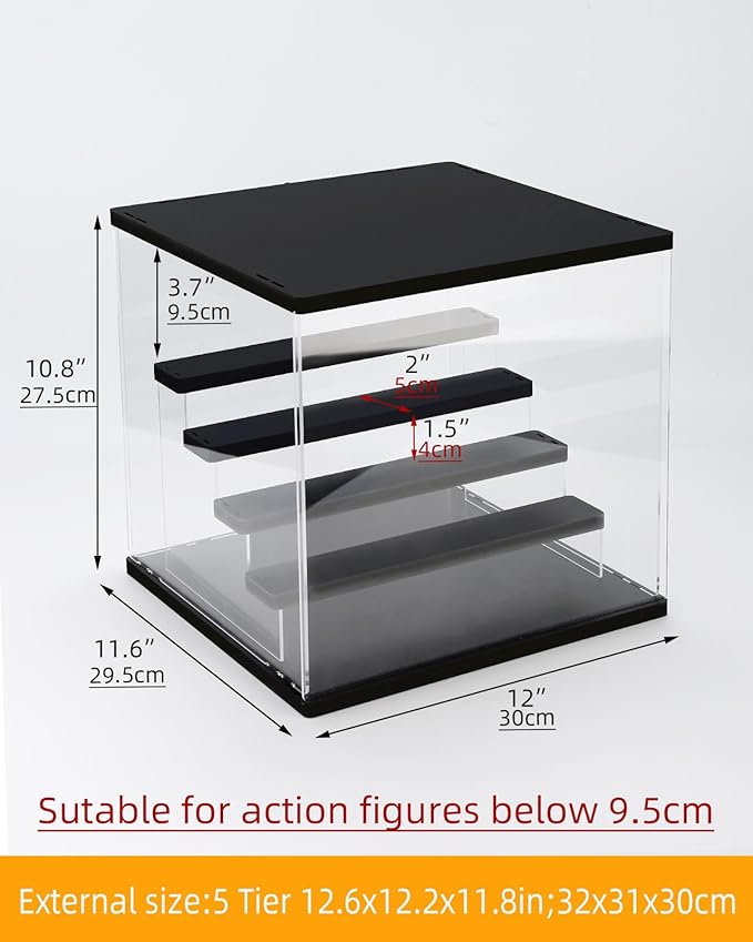 Clear Acrylic Display Case with Light , 5 Tier Display Box Stand Assembly Dustproof Protection Showcase for Collectibles Action Figures (Black 12.6×12.2×11.8in; 32×31×30cm)