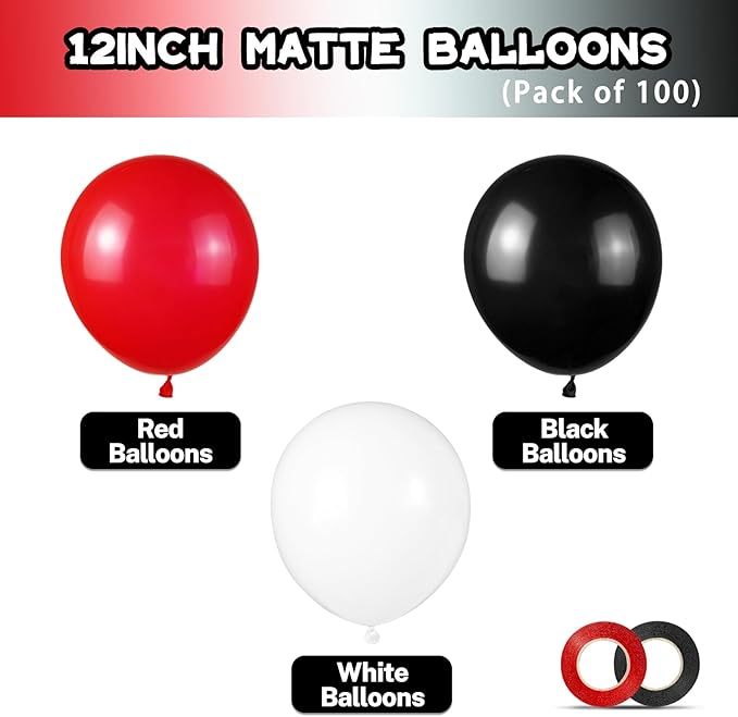 Red and Black Balloons 100Pack 12 inch Matte Black Red and White Latex Balloon Bulk for Birthday Party Graduation Racing Car Poker Card Decorations Supplies