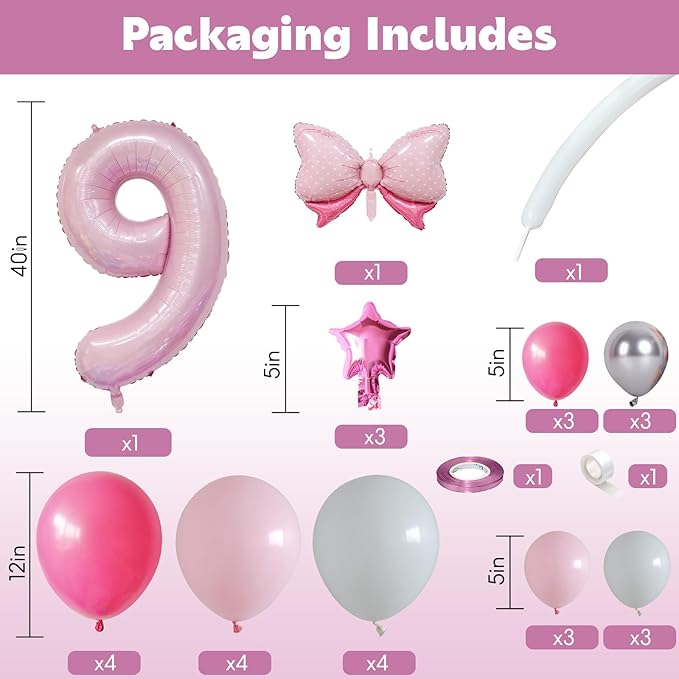 40 Inch Pink Number 9 Balloon for 9th Birthday Decoration Pastel Baby Pink Number Nine Foil Balloon Tower Giant Large Digit Hot Pink White Helium Balloons Stack Stand for Girls Anniversary Party