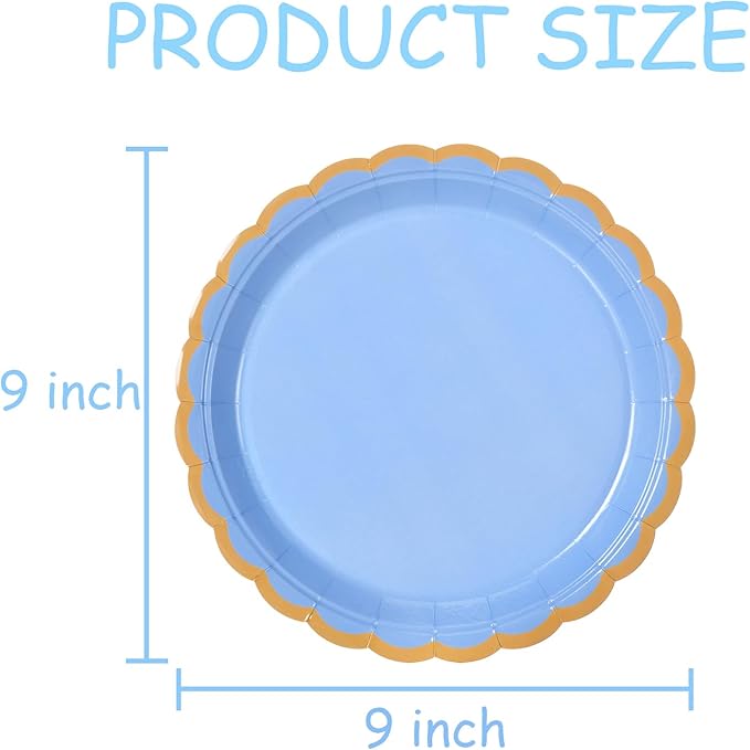 48 Pcs Blue Scalloped Party Paper Plates, 9 Inch Cute Blue Disposable Dessert Baby Bridal Shower Dinner Birthday Cake Paper Plates for Party Bridal Baby Girl Shower Wedding Supplies