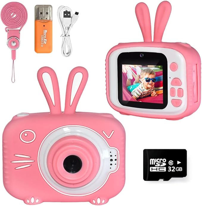 Kids Camera for Girls Boys 3-12 Years Old Selfie Children Camera Infant Toys Bunny 1080P HD Digital Video Camera for Toddler Christmas Easter Birthday Gifts with 32GB SD Card