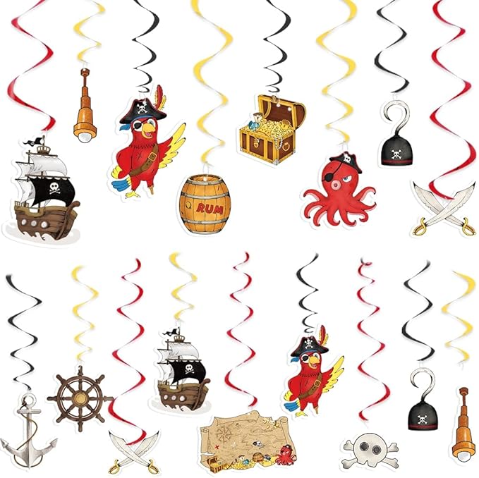 WERNNSAI Pirate Party Decorations - 24 PCS Pirate Party Supplies Pirate Treasure Hanging Swirl Streamers for Kids Boys Pirate Caribbean Birthday Party Decorations Baby Shower Ceiling Hanging Decor