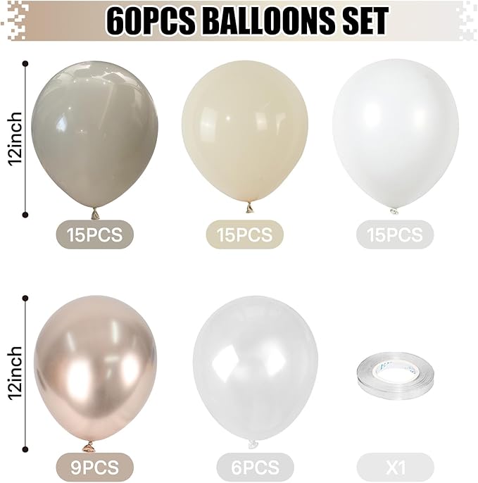 Beige White Gold Balloons, 60PCS Nude Metallic Champagne Gold Cream White Clear Balloon Ivory White Sand Transparent Neutral Balloons for Birthday Boho Wedding Anniversary Engagement Party Decoration