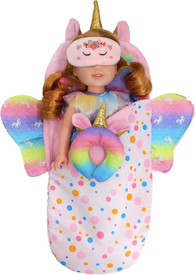 ONEST 5 Pieces 14 to 14.5 Inch Doll Clothes Doll Sleeping Bag for Dolls Include Unicorn Clothes Sleeping Bag, Pillow, Eye Mask, U Shaped Pillow