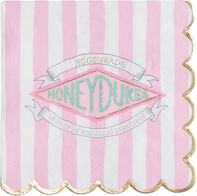 Harry Potter X Bonjour Fête Honeydukes Large Pink Stripe Napkins | Gold Foil | Premium 3-Ply Lunch Napkins for Harry Potter Themed Parties | Pack of 20, 6.5" Folded | Festive Party Supplies